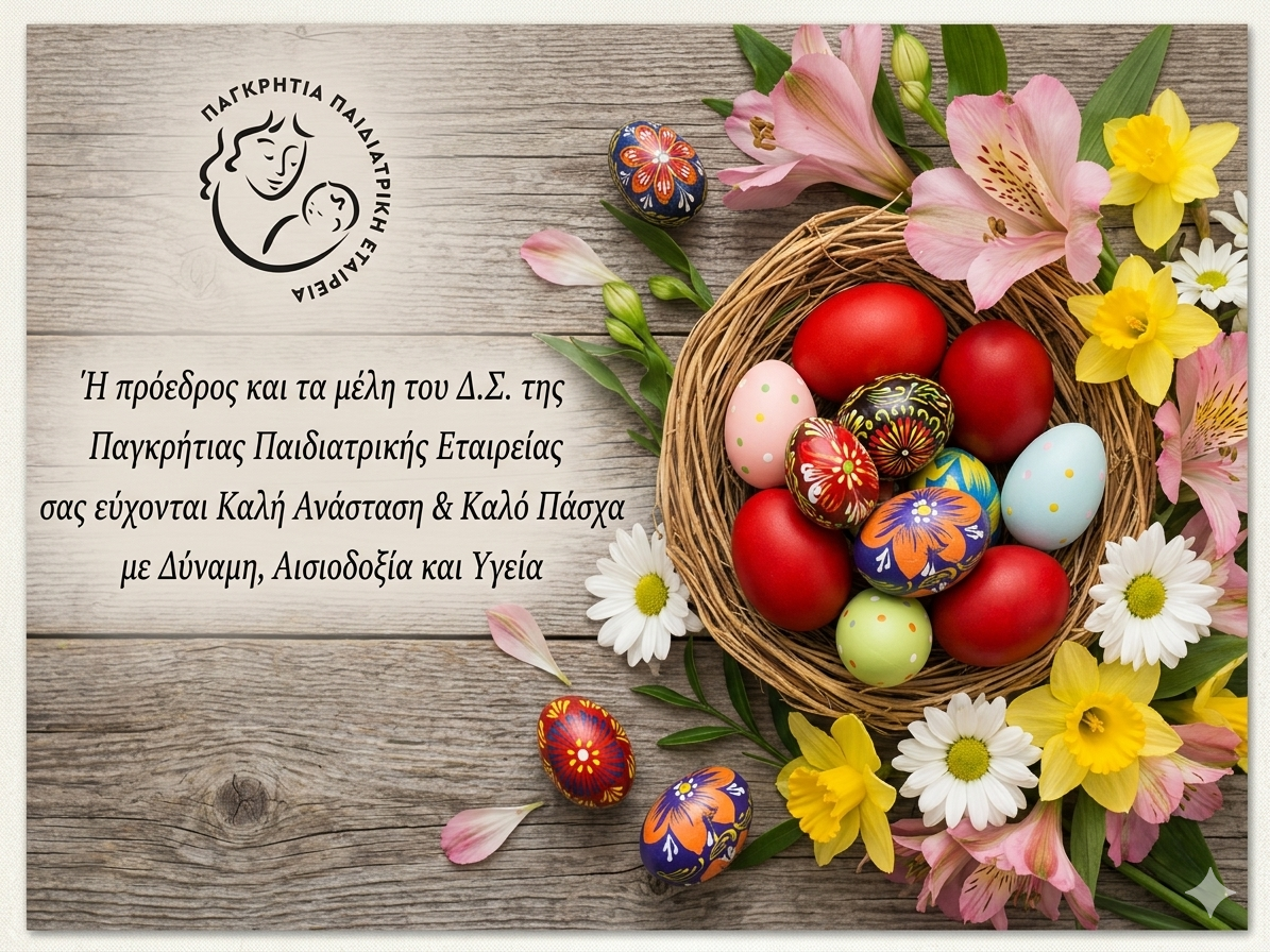 Η πρόεδρος και τα μέλη του Δ.Σ. της Παγκρήτιας Παιδιατρικής Εταιρείας σας εύχονται Καλή Ανάσταση και Καλό Πάσχα με Δύναμη, Αισιοδοξία και Υγεία